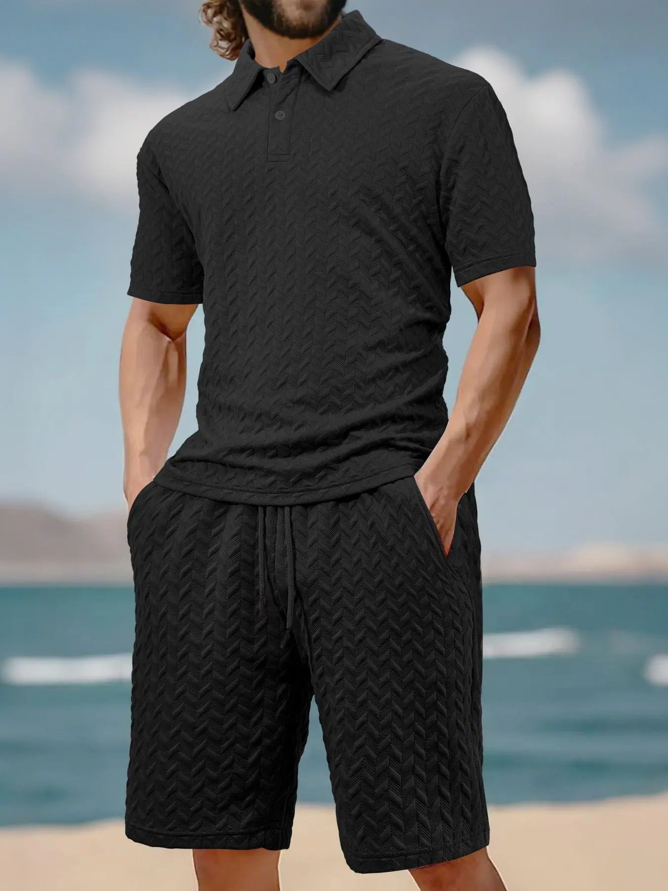 Men's Solid Polo Shirt & Drawstring Waist Shorts Set, Cozy Breathable Two-piece Outfits for Daily Outdoor Wear, Men Clothes for Summer.It is recommended to buy one size larger.