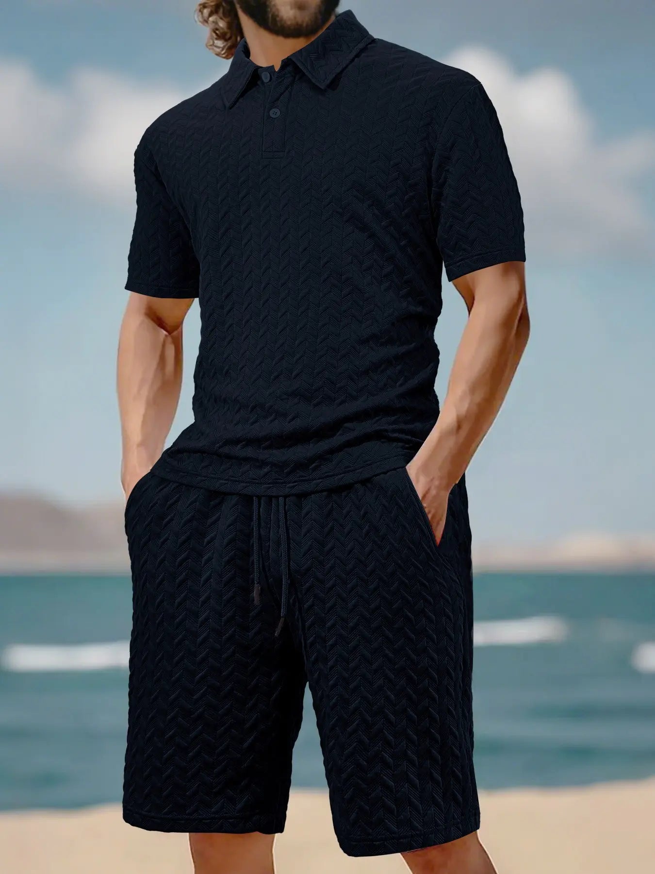 Men's Solid Polo Shirt & Drawstring Waist Shorts Set, Cozy Breathable Two-piece Outfits for Daily Outdoor Wear, Men Clothes for Summer.It is recommended to buy one size larger.