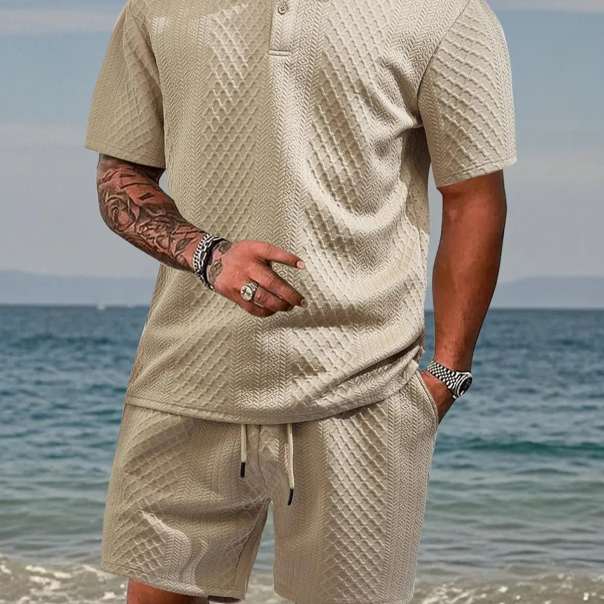 Men's Solid Polo Shirt & Drawstring Waist Shorts Set, Cozy Breathable Two-piece Outfits for Daily Outdoor Wear, Men Clothes for Summer.It is recommended to buy one size larger.