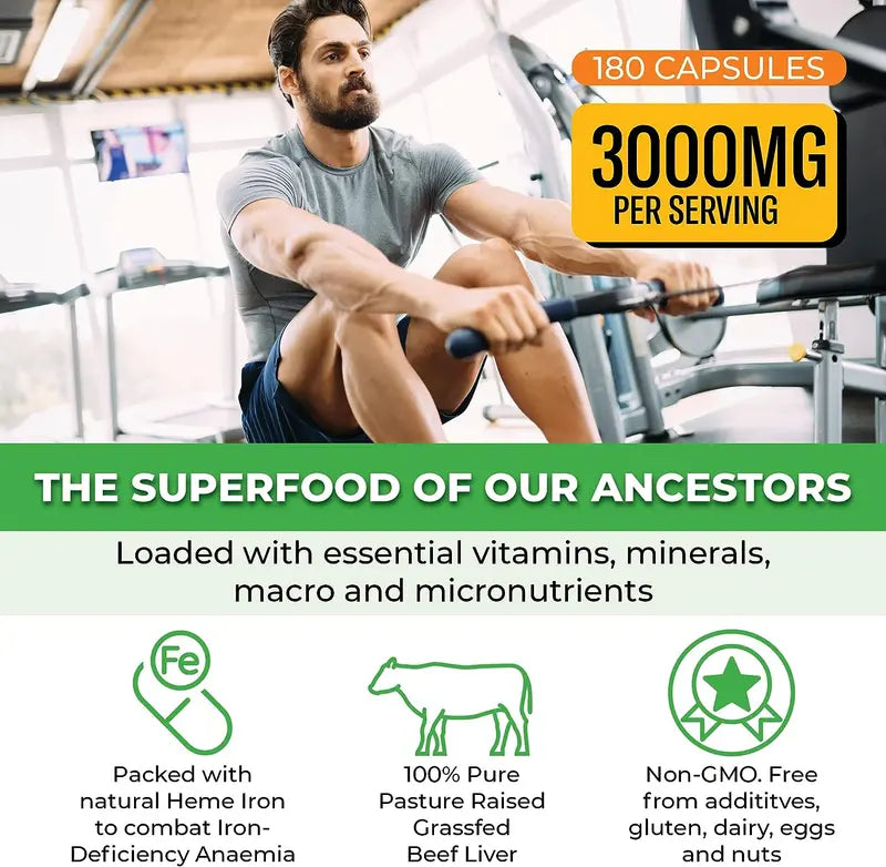 ForestLeaf Grass Fed Beef Liver Capsules, 3000mg Per Serving, Natural Heme Iron, Vitamin A, B12, CoQ10, Freeze Dried-High Absorption Formula-180 Caps