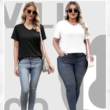 Paquete de 4 camisetas con cuello en V para mujer, camisetas de manga corta, camisetas básicas informales, tops holgados de talla grande, ropa de verano lisa