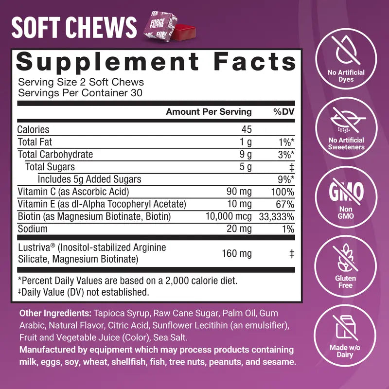 Force Factor Hair Growth Accelerator with Clinically Studied Lustriva to Promote Thicker, Stronger Hair, Biotin, Vitamin E & C, Mixed Berry, 60 Soft Chew