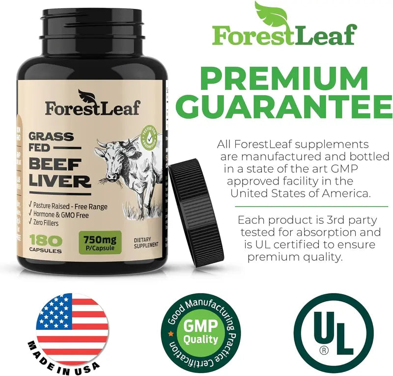 ForestLeaf Grass Fed Beef Liver Capsules, 3000mg Per Serving, Natural Heme Iron, Vitamin A, B12, CoQ10, Freeze Dried-High Absorption Formula-180 Caps