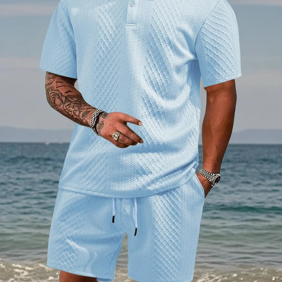 Men's Solid Polo Shirt & Drawstring Waist Shorts Set, Cozy Breathable Two-piece Outfits for Daily Outdoor Wear, Men Clothes for Summer.It is recommended to buy one size larger.