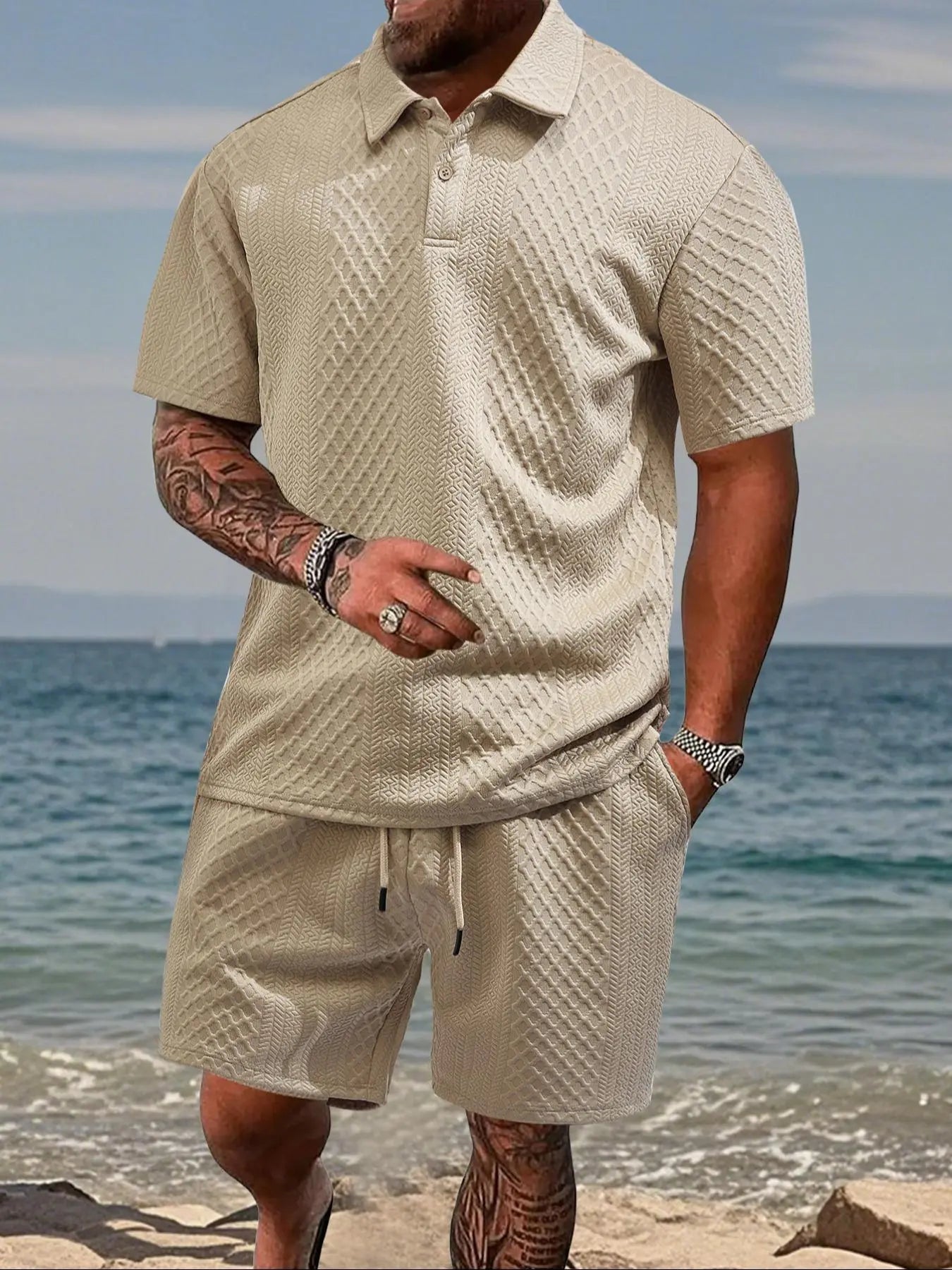Men's Solid Polo Shirt & Drawstring Waist Shorts Set, Cozy Breathable Two-piece Outfits for Daily Outdoor Wear, Men Clothes for Summer.It is recommended to buy one size larger.