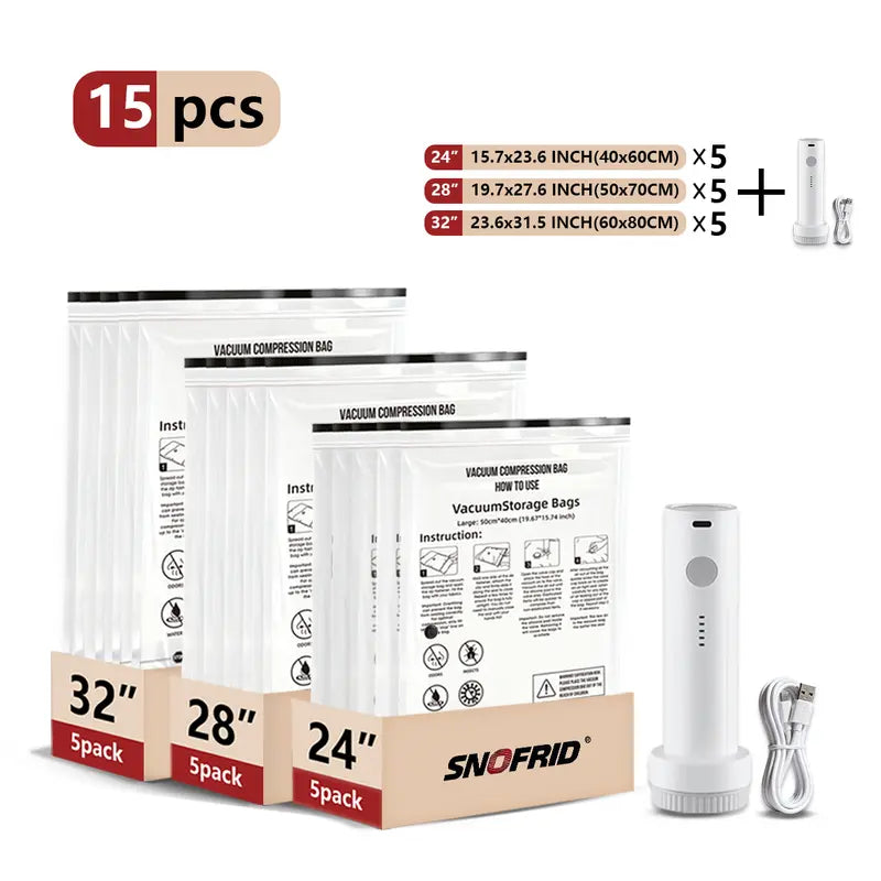 Snofrid Cordless Travel Vacuum Storage Compression Bag Set – 15-Pack in 3 Sizes – USB Rechargeable Handheld Pump with Built-In Battery – Waterproof & Reusable Space Saver for Clothes & Packing, Perfect for Carry-On Suitcases