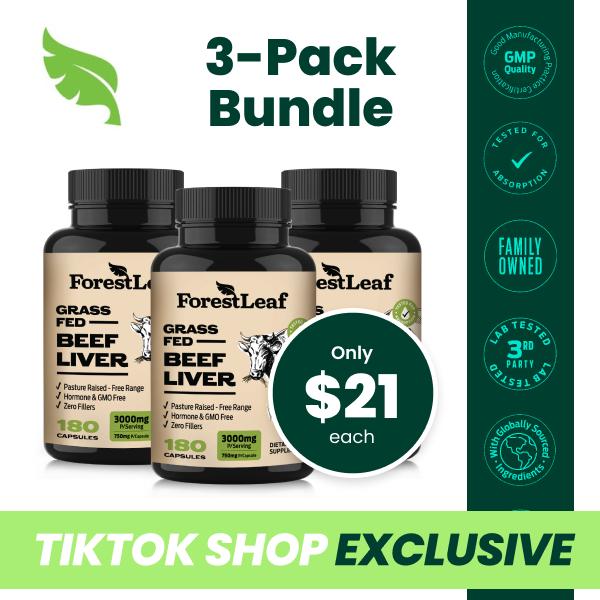 ForestLeaf Grass Fed Beef Liver Capsules, 3000mg Per Serving, Natural Heme Iron, Vitamin A, B12, CoQ10, Freeze Dried-High Absorption Formula-180 Caps