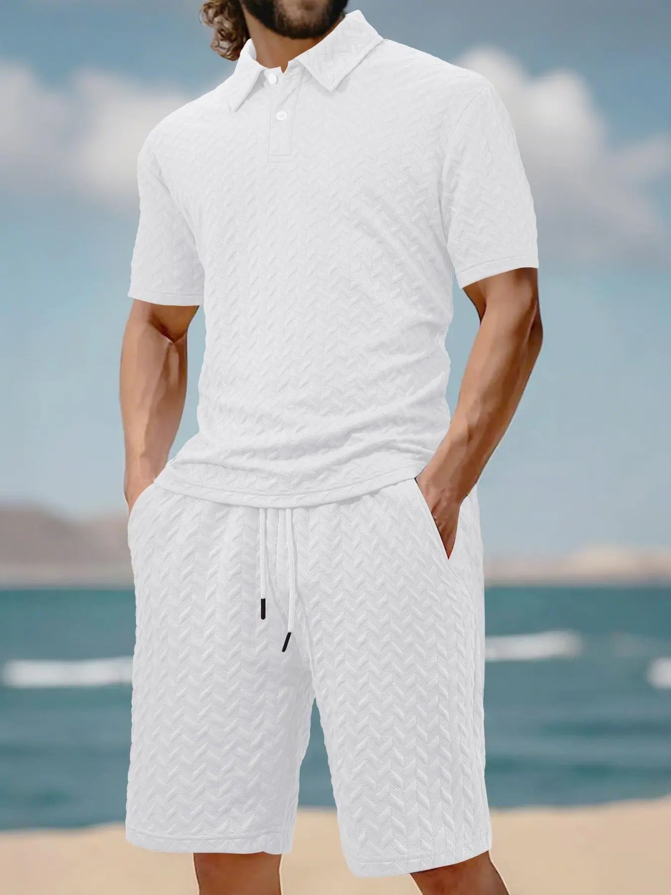 Men's Solid Polo Shirt & Drawstring Waist Shorts Set, Cozy Breathable Two-piece Outfits for Daily Outdoor Wear, Men Clothes for Summer.It is recommended to buy one size larger.