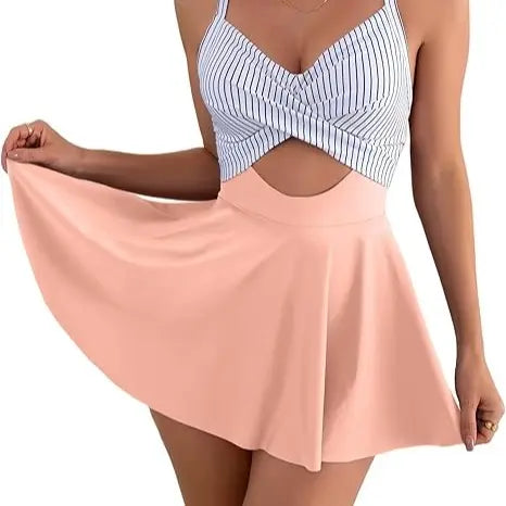 Women Cutout One Piece Skirt Swimsuit V Neck Wrap Tie Back Swimdress Tummy Control Bathing Suits High Rise Swimwear High Waist Swimwsuit
