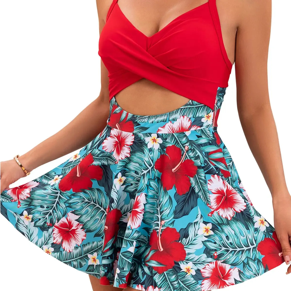 Women Cutout One Piece Skirt Swimsuit V Neck Wrap Tie Back Swimdress Tummy Control Bathing Suits High Rise Swimwear High Waist Swimwsuit