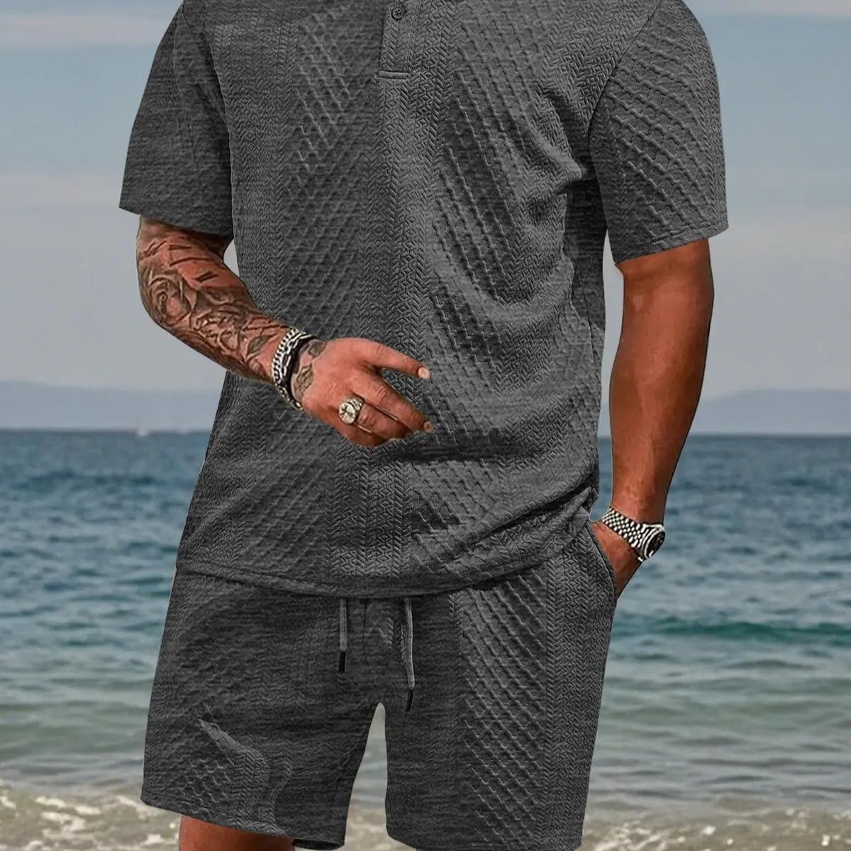 Men's Solid Polo Shirt & Drawstring Waist Shorts Set, Cozy Breathable Two-piece Outfits for Daily Outdoor Wear, Men Clothes for Summer.It is recommended to buy one size larger.