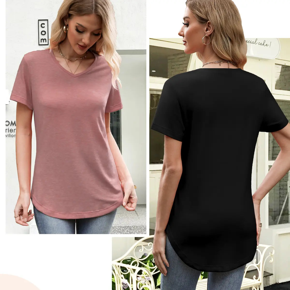 Paquete de 4 camisetas con cuello en V para mujer, camisetas de manga corta, camisetas básicas informales, tops holgados de talla grande, ropa de verano lisa