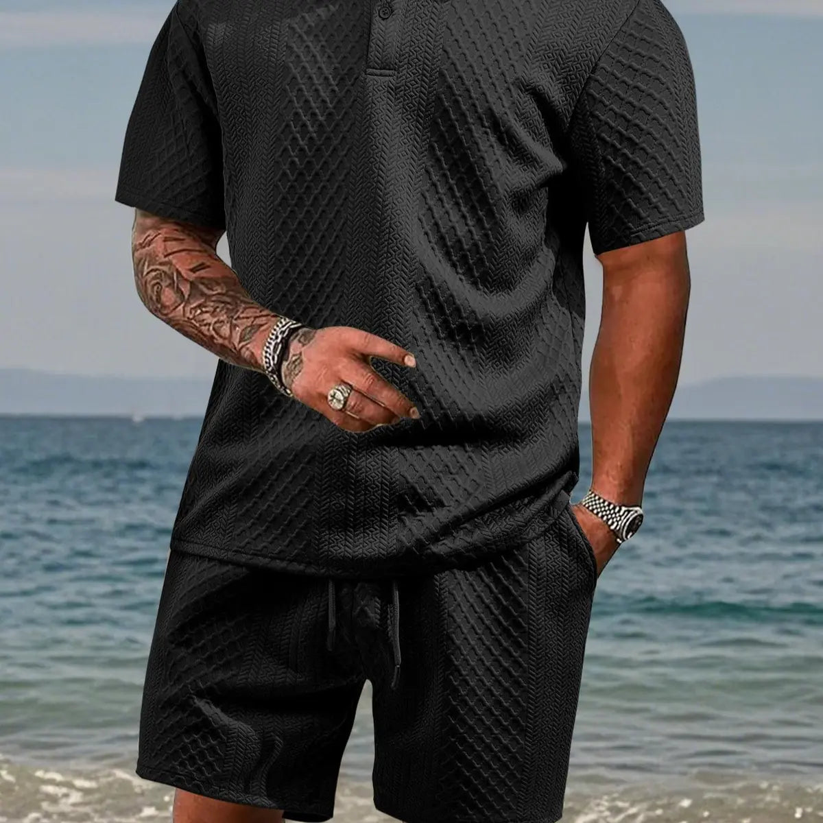 Men's Solid Polo Shirt & Drawstring Waist Shorts Set, Cozy Breathable Two-piece Outfits for Daily Outdoor Wear, Men Clothes for Summer.It is recommended to buy one size larger.