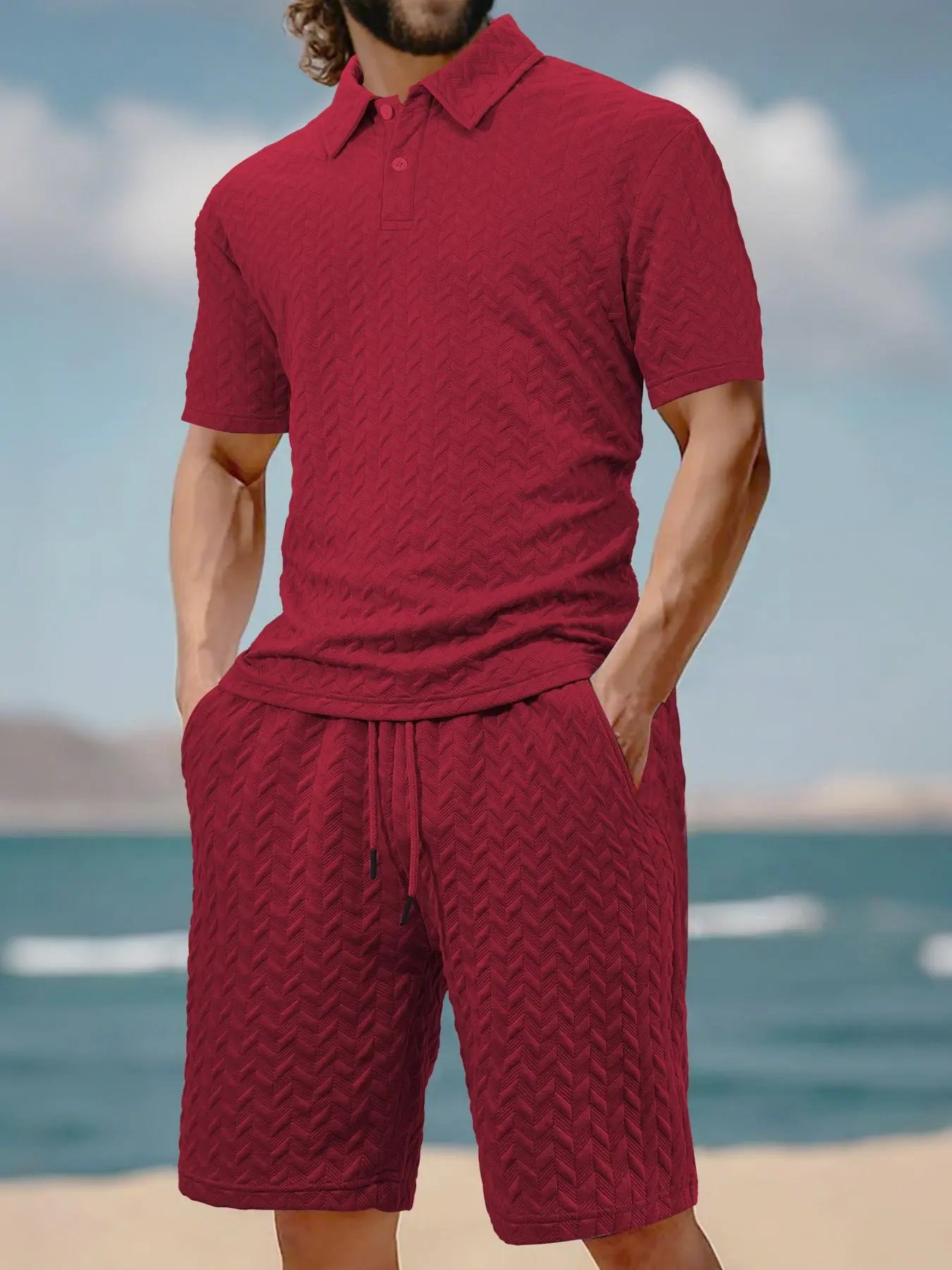 Men's Solid Polo Shirt & Drawstring Waist Shorts Set, Cozy Breathable Two-piece Outfits for Daily Outdoor Wear, Men Clothes for Summer.It is recommended to buy one size larger.