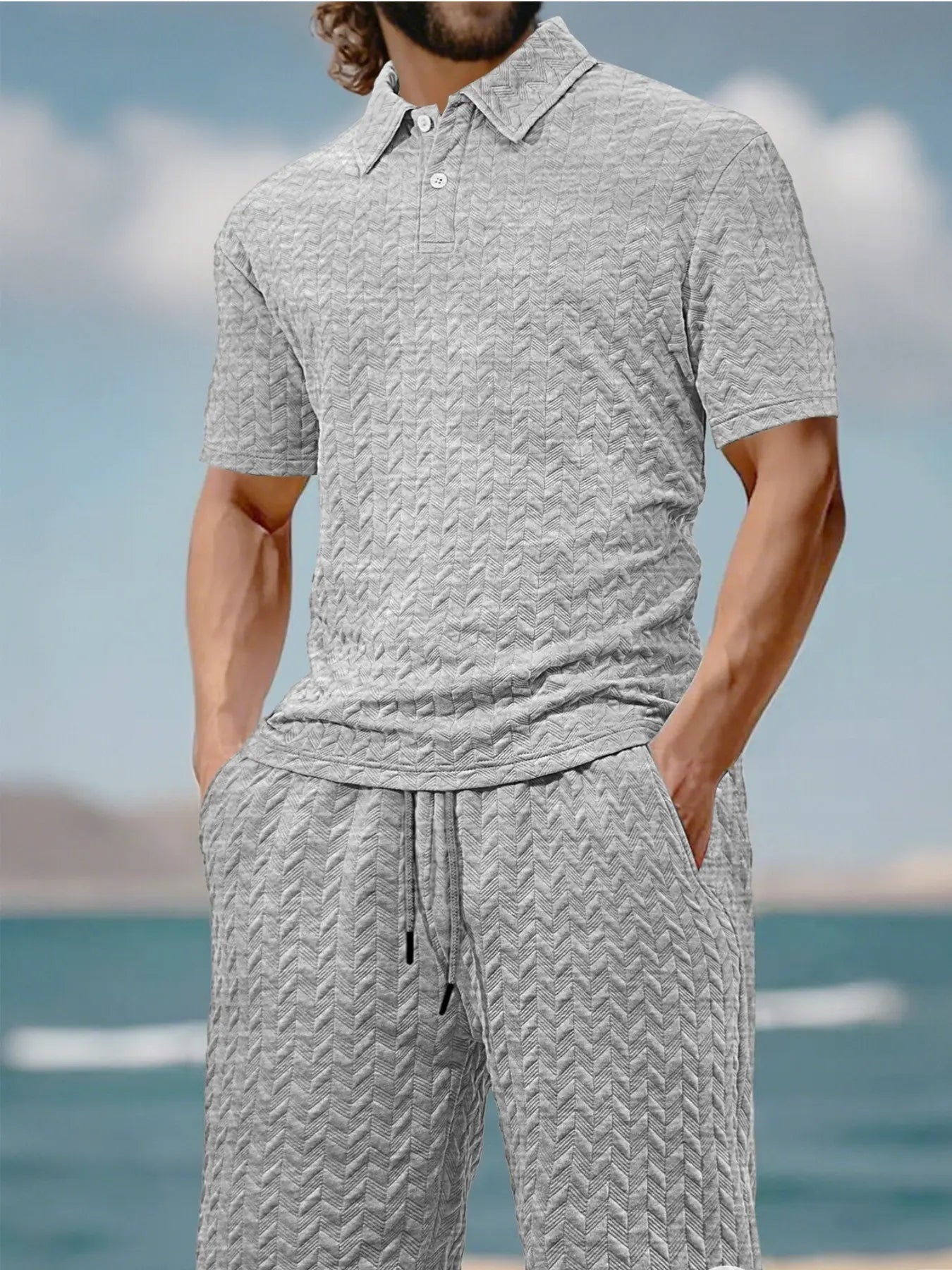 Men's Solid Polo Shirt & Drawstring Waist Shorts Set, Cozy Breathable Two-piece Outfits for Daily Outdoor Wear, Men Clothes for Summer.It is recommended to buy one size larger.