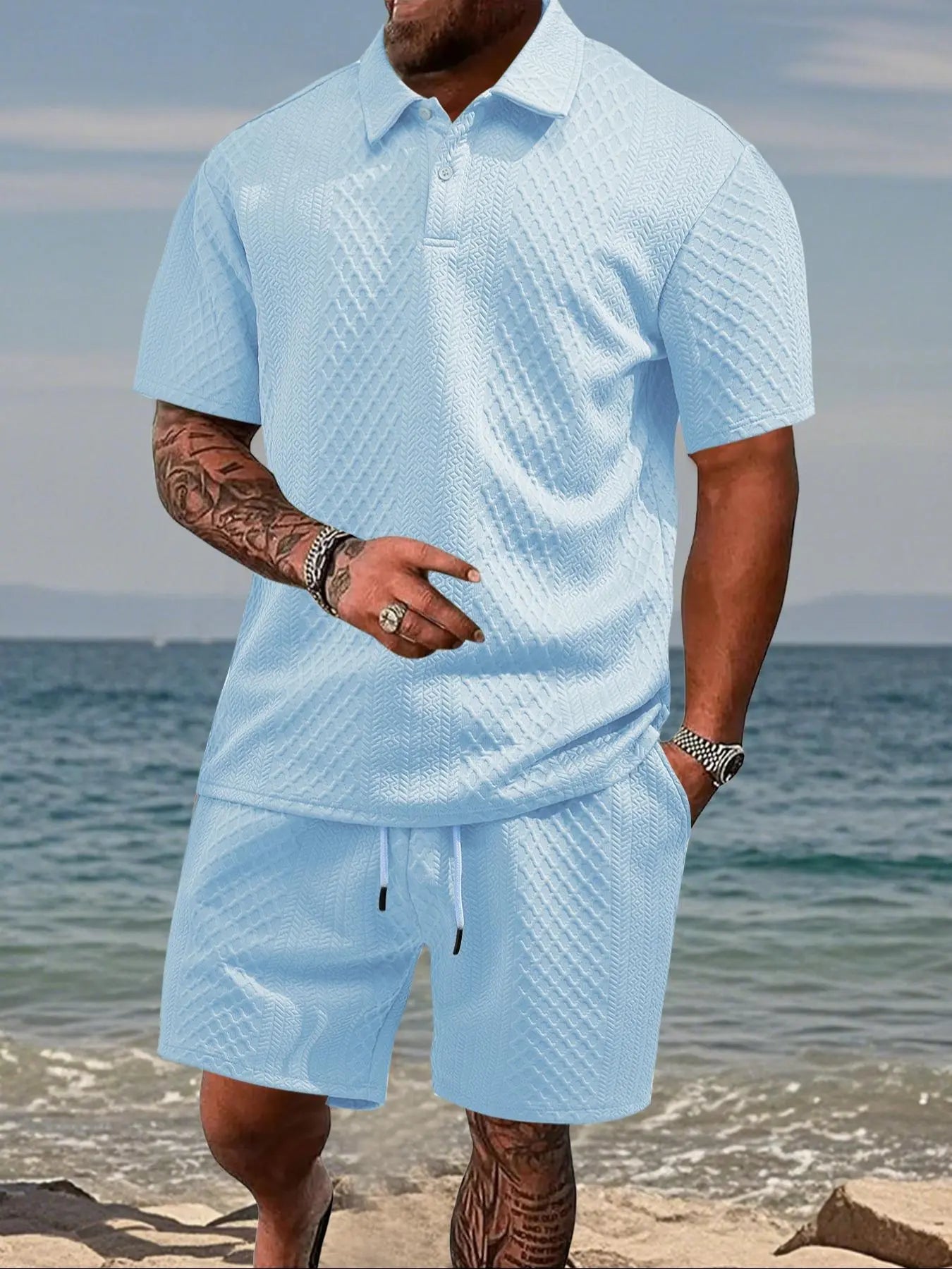 Men's Solid Polo Shirt & Drawstring Waist Shorts Set, Cozy Breathable Two-piece Outfits for Daily Outdoor Wear, Men Clothes for Summer.It is recommended to buy one size larger.