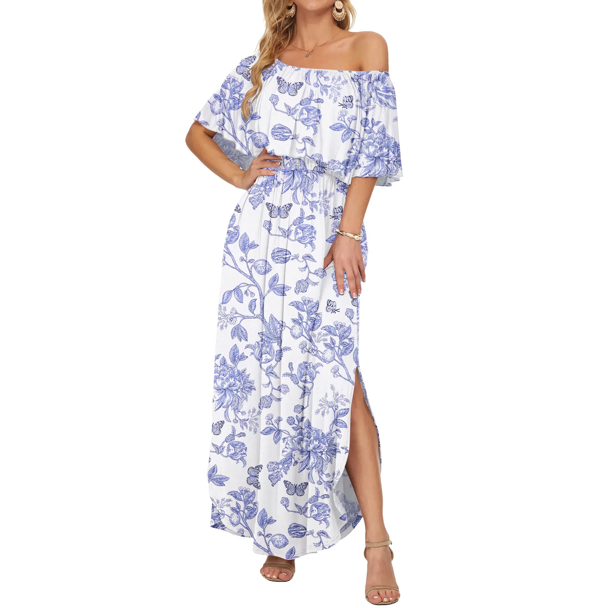 [Restocked] AUSELILY Women's Off The Shoulder Dress Wedding Guest Dress Summer Casual Long Ruffle Party Side Split Beach Maxi Dresses with Pockets