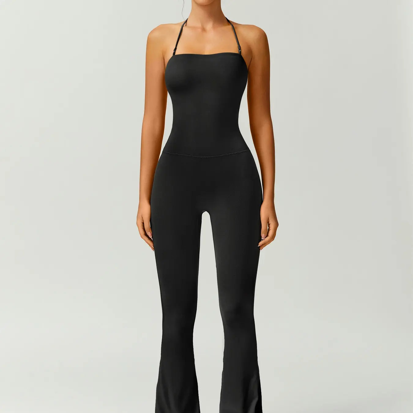 Women's Halter Neck Bodycon Flared Leg Jumpsuit – Stylish & Comfortable for Fitness & Fashion,Stylish & Comfortable Athleisure Outfit, Butt Lifting, High Waist Workout Gym Clothing Stretchable Activewear,jumpsuit women