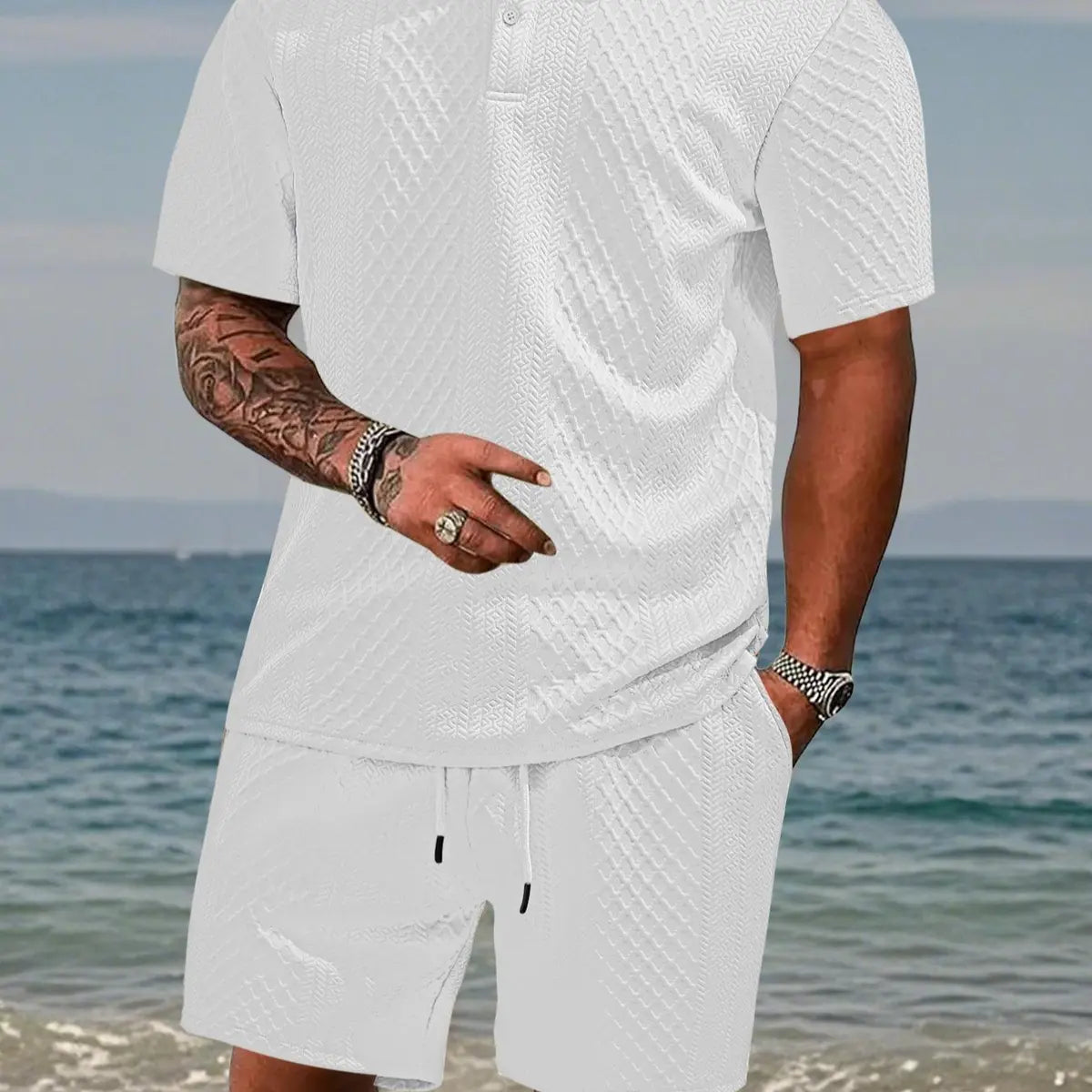 Men's Solid Polo Shirt & Drawstring Waist Shorts Set, Cozy Breathable Two-piece Outfits for Daily Outdoor Wear, Men Clothes for Summer.It is recommended to buy one size larger.