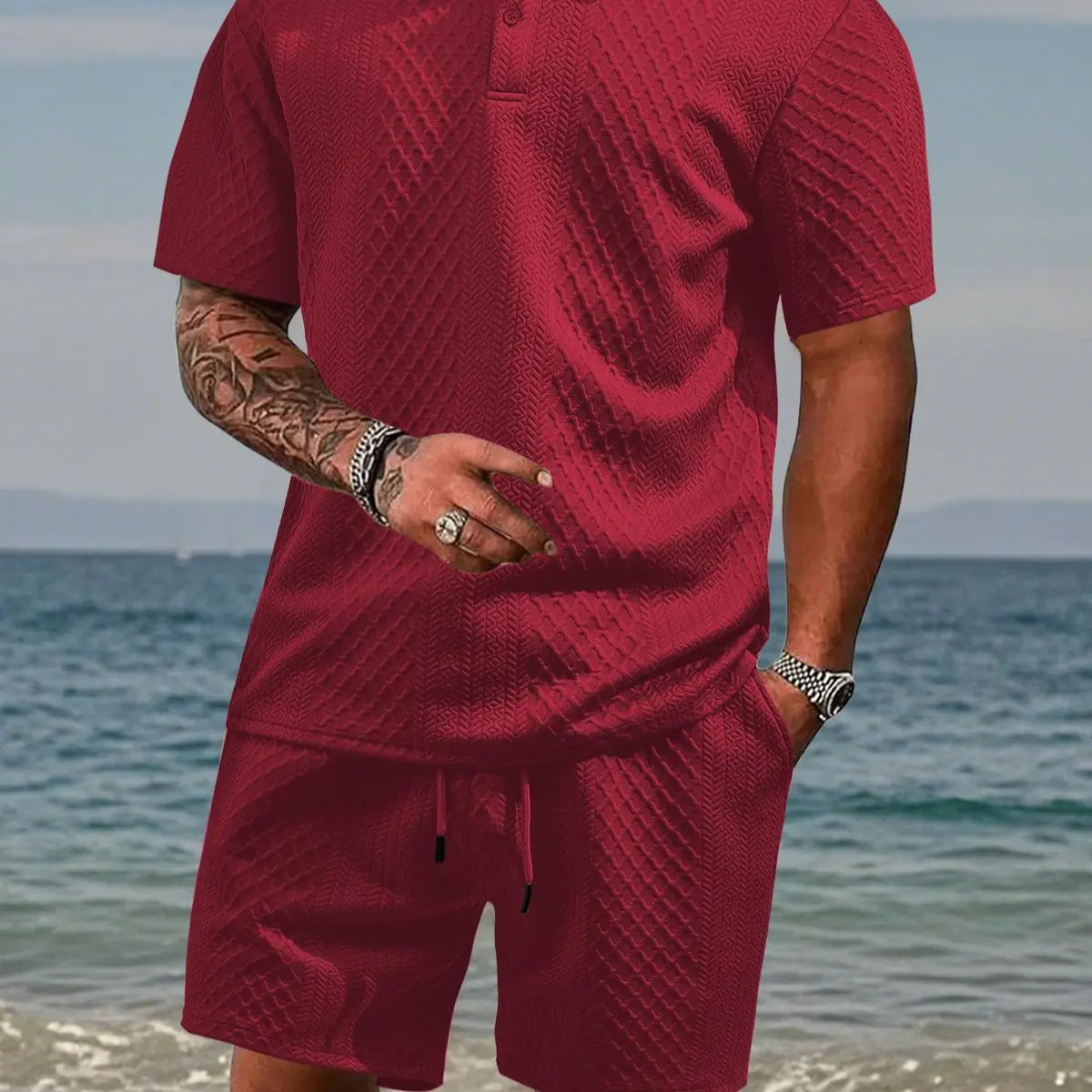 Men's Solid Polo Shirt & Drawstring Waist Shorts Set, Cozy Breathable Two-piece Outfits for Daily Outdoor Wear, Men Clothes for Summer.It is recommended to buy one size larger.