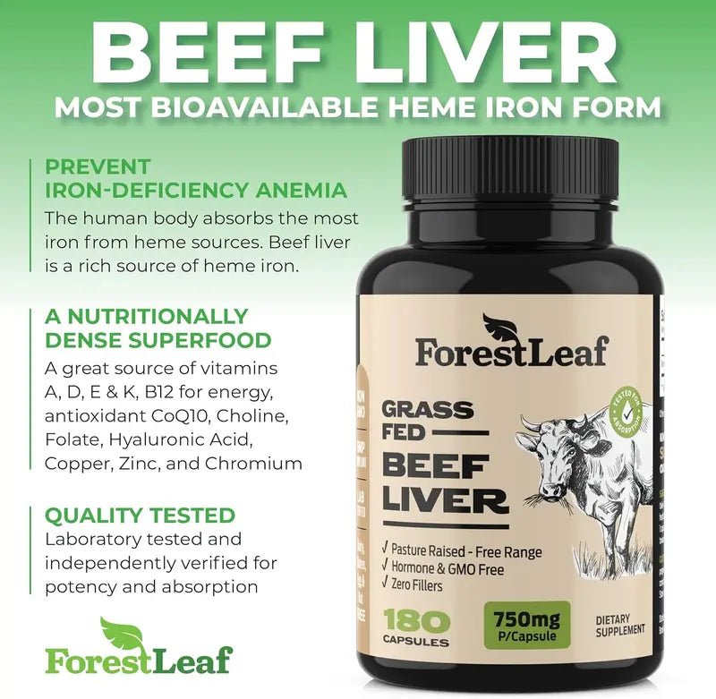 ForestLeaf Grass Fed Beef Liver Capsules, 3000mg Per Serving, Natural Heme Iron, Vitamin A, B12, CoQ10, Freeze Dried-High Absorption Formula-180 Caps