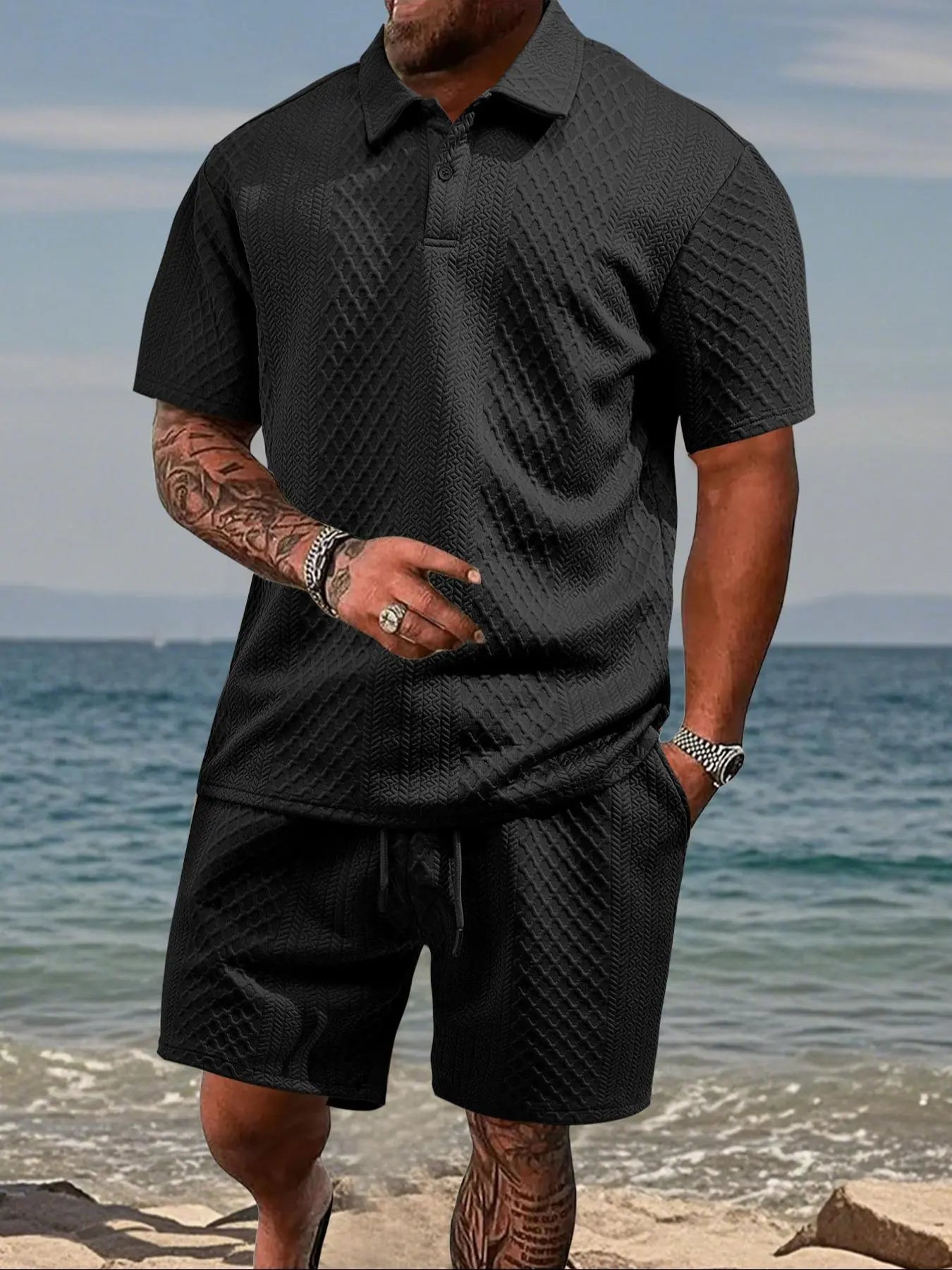 Men's Solid Polo Shirt & Drawstring Waist Shorts Set, Cozy Breathable Two-piece Outfits for Daily Outdoor Wear, Men Clothes for Summer.It is recommended to buy one size larger.