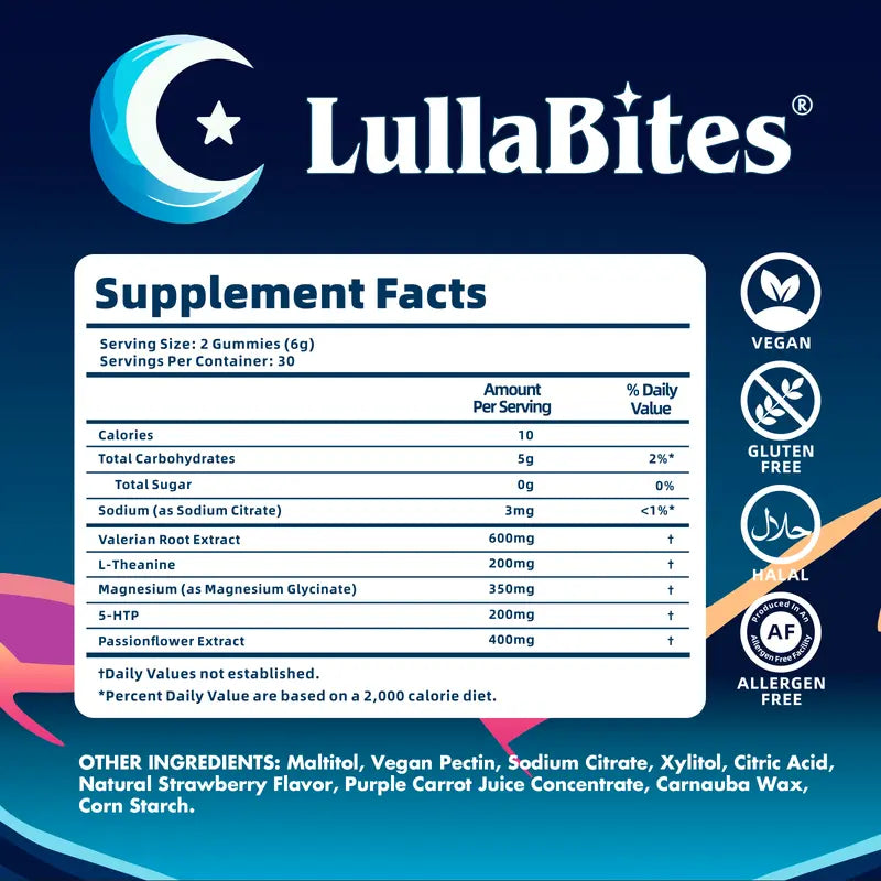 LullaBites Natural Sleep Gummies - 30 Servings -Sweet Strawberry Stars (Melatonin Free)