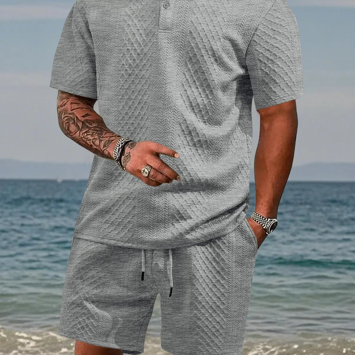 Men's Solid Polo Shirt & Drawstring Waist Shorts Set, Cozy Breathable Two-piece Outfits for Daily Outdoor Wear, Men Clothes for Summer.It is recommended to buy one size larger.