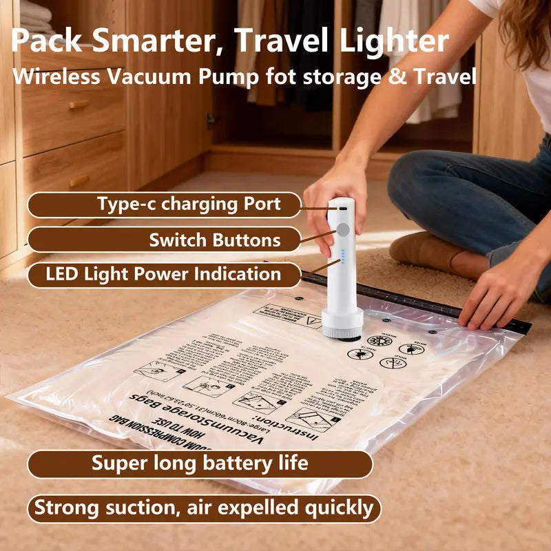 Snofrid Cordless Travel Vacuum Storage Compression Bag Set – 15-Pack in 3 Sizes – USB Rechargeable Handheld Pump with Built-In Battery – Waterproof & Reusable Space Saver for Clothes & Packing, Perfect for Carry-On Suitcases