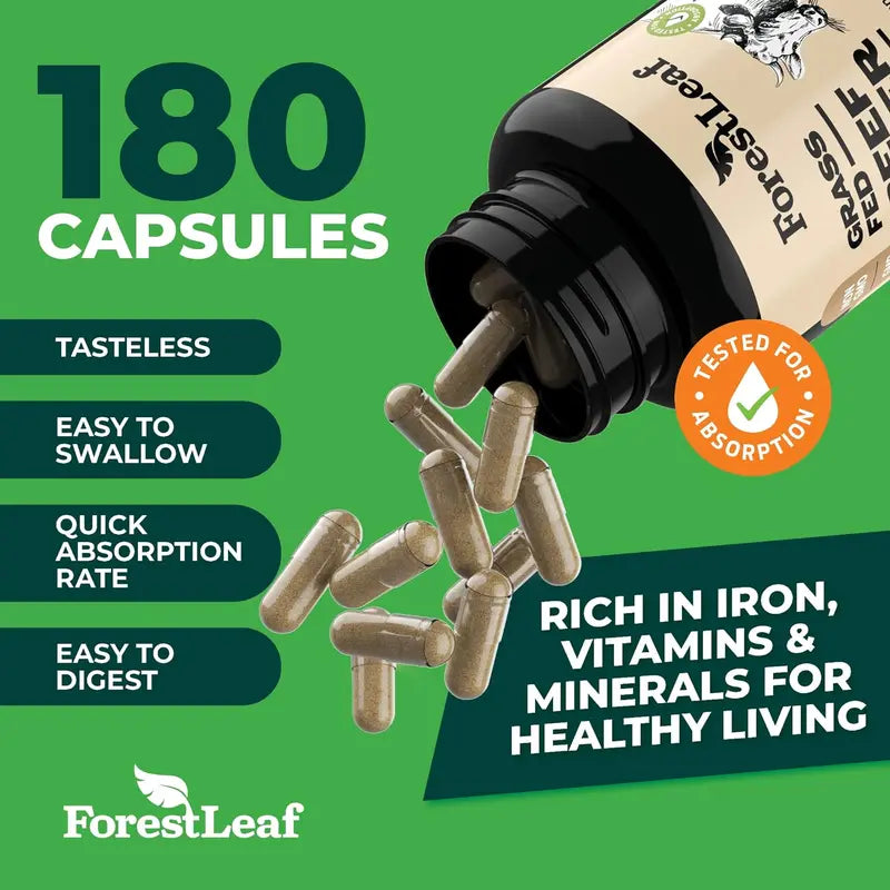 ForestLeaf Grass Fed Beef Liver Capsules, 3000mg Per Serving, Natural Heme Iron, Vitamin A, B12, CoQ10, Freeze Dried-High Absorption Formula-180 Caps