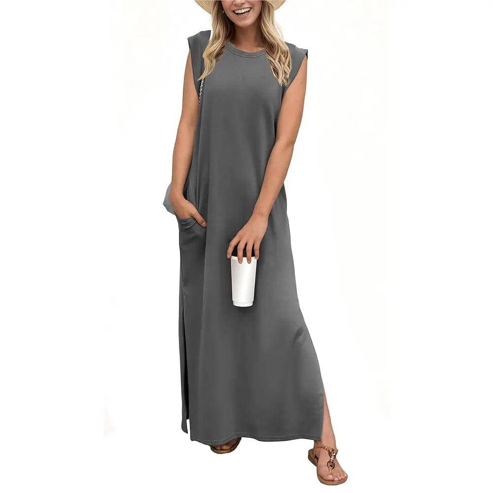 GRECERELLE 2026 Women Summer Round Neck Casual Loose Split Wrinkle-Free Long Maxi Vacation Dress with Pockets