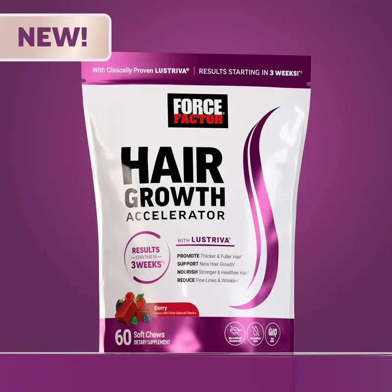Force Factor Hair Growth Accelerator with Clinically Studied Lustriva to Promote Thicker, Stronger Hair, Biotin, Vitamin E & C, Mixed Berry, 60 Soft Chew