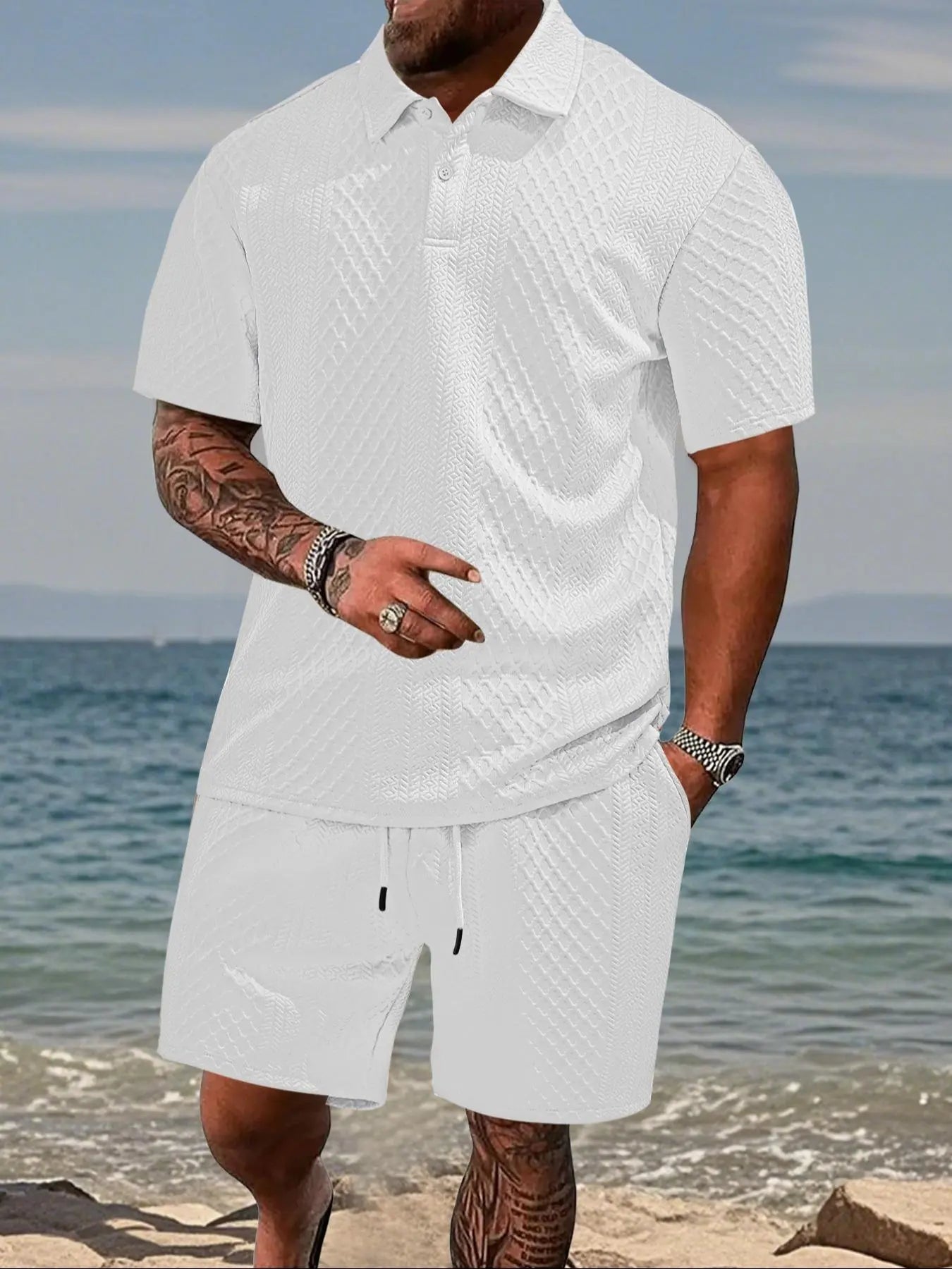 Men's Solid Polo Shirt & Drawstring Waist Shorts Set, Cozy Breathable Two-piece Outfits for Daily Outdoor Wear, Men Clothes for Summer.It is recommended to buy one size larger.
