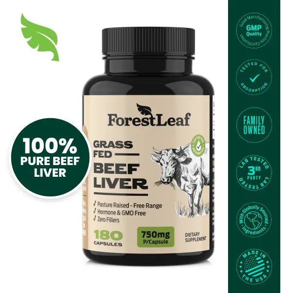 ForestLeaf Grass Fed Beef Liver Capsules, 3000mg Per Serving, Natural Heme Iron, Vitamin A, B12, CoQ10, Freeze Dried-High Absorption Formula-180 Caps