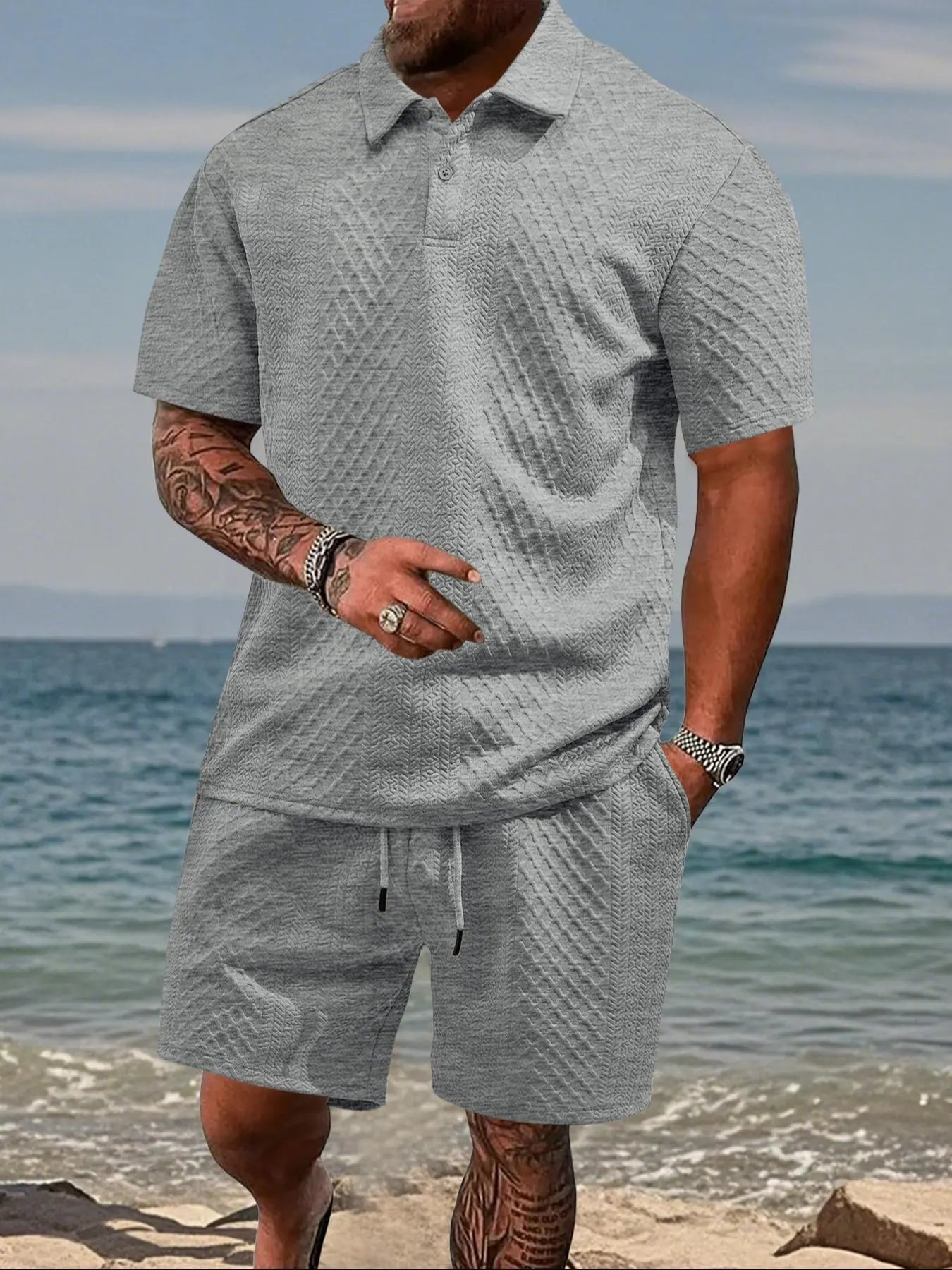 Men's Solid Polo Shirt & Drawstring Waist Shorts Set, Cozy Breathable Two-piece Outfits for Daily Outdoor Wear, Men Clothes for Summer.It is recommended to buy one size larger.