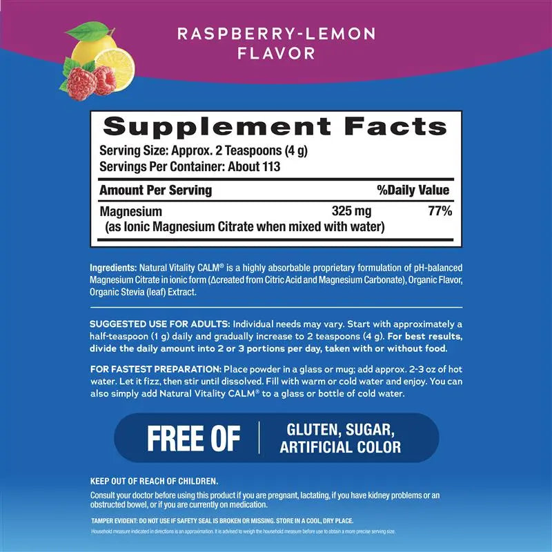 CALM Relaxing Drink Mix - Anti Stress Drink Mix - With Ionic Magnesium Citrate - Raspberry Lemon Flavor - 16 oz (453 g) - 113 Servings