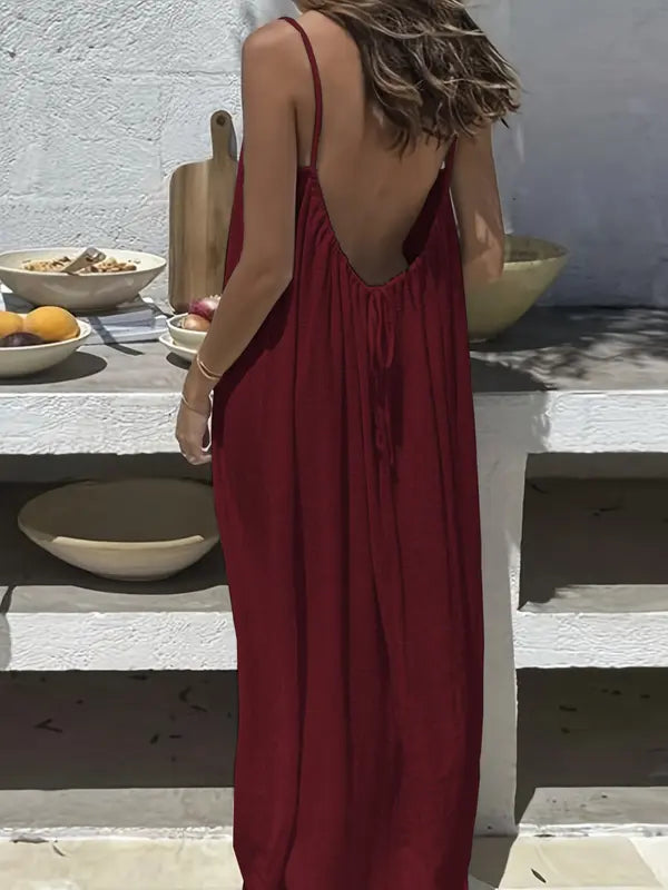 Women's Solid Color Backless Cami Dress, Casual Sleeveless Dress for Summer, Ladies Clothes for Beach Holiday Vacation