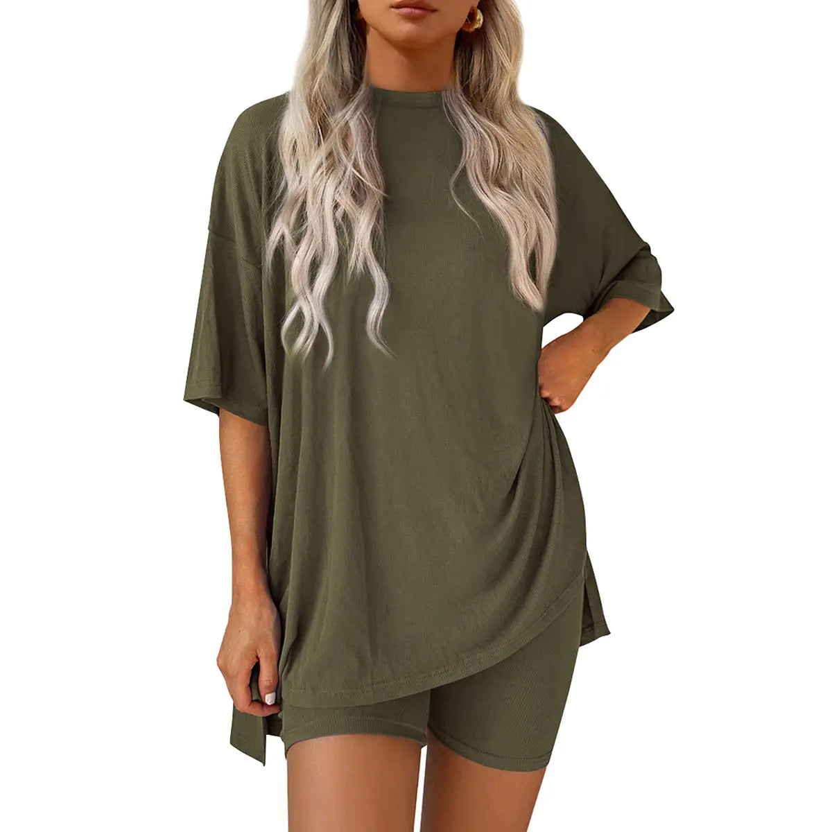 Crewneck Two-Piece Set For Women Summer Casual Oversized Split Hem Shirts & Side Pocket Biker Shorts Minimalist Lounge Wear Soft Viscose Fabric Comfy Homewear Cozy Pjs