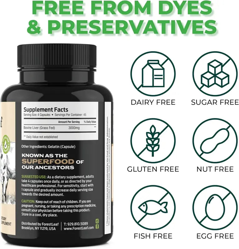 ForestLeaf Grass Fed Beef Liver Capsules, 3000mg Per Serving, Natural Heme Iron, Vitamin A, B12, CoQ10, Freeze Dried-High Absorption Formula-180 Caps