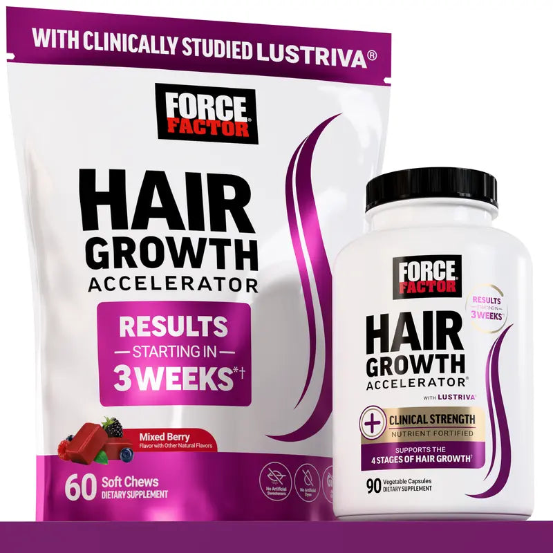 Force Factor Hair Growth Accelerator with Clinically Studied Lustriva to Promote Thicker, Stronger Hair, Biotin, Vitamin E & C, Mixed Berry, 60 Soft Chew