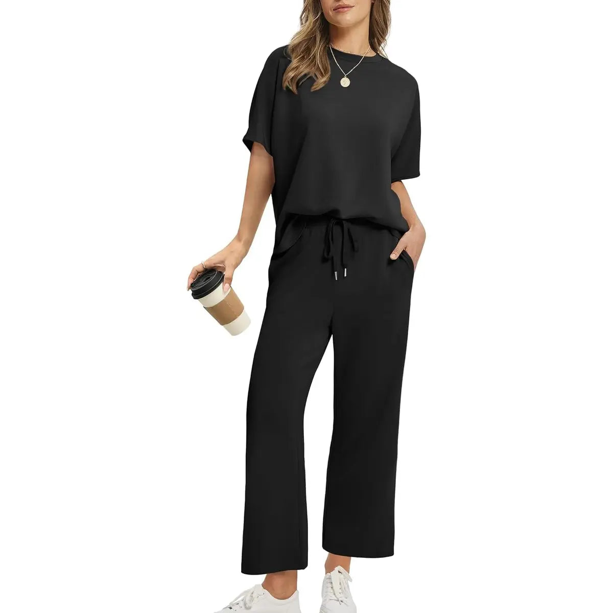 Two Piece Sets for Women Summer Outfits Oversized Wide Leg Crop Pants Lounge Sets Airport Beach Vacation Clothes |(Size Up 1-2 for Oversized Look) Casual Shortsleeve