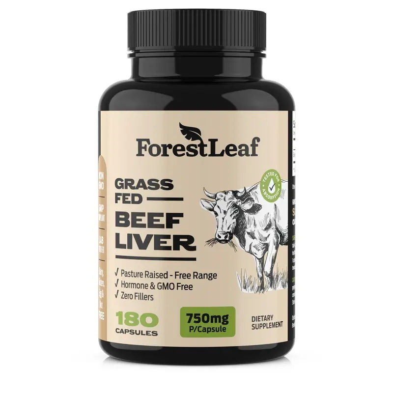 ForestLeaf Grass Fed Beef Liver Capsules, 3000mg Per Serving, Natural Heme Iron, Vitamin A, B12, CoQ10, Freeze Dried-High Absorption Formula-180 Caps